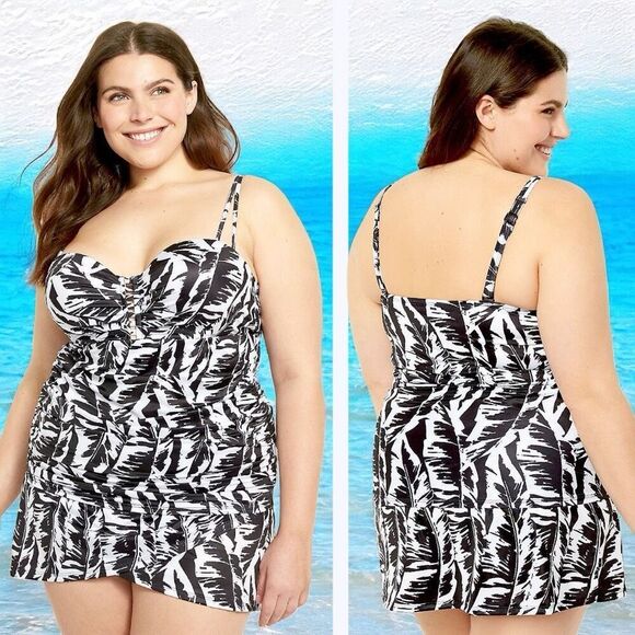 Lane Bryant Black & White Palm Leaves Relaxed Underwire Swim Tankini Top 40DD NW - Picture 2 of 16